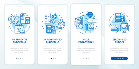 Budgeting types blue onboarding mobile app screen. Planning approaches walkthrough 4 steps graphic instructions pages with linear concepts. UI, UX, GUI template. Myriad Pro-Bold, Regular fonts used