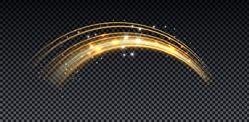 Gold magic arc. Abstract magic light effect. Luminous neon lines with flying lights. © Elena