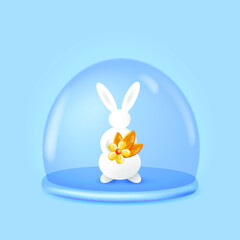 Easter bunny in transparent glass dome. Realistic bunny with golden flower