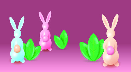 Color Easter bunnies and green leaves. Festive Easter figures of rabbits on the  lawn. Happy Easter illustration 