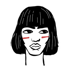 Contemporary young woman portrait, teenager Native American girl with greasepaint, minimalist line art girl's face.