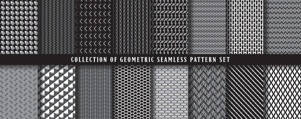 Big collection, set of vector seamless geometric pattern background. In black, grey, white colors. Abstract endless repeating texture for mask, duvet cover, t-shirt, phone case, wallpaper, carpet