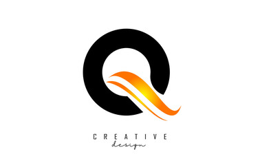 Obraz premium Q letter Logo with gradient orange swoosh. Letter Q with abstract geometric elements. Creative Vector Illustration with letter.