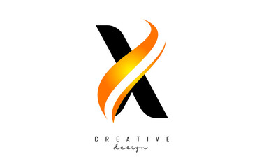 X letter Logo with gradient orange swoosh. Letter X with abstract geometric elements. Creative Vector Illustration with letter.