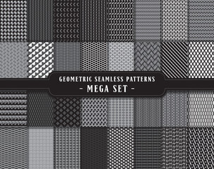 Mega bundle, vector seamless geometric pattern background set, collection. In black, grey and white colors. Abstract endless repeating texture for mask, duvet cover, t-shirt, phone case, wallpaper...