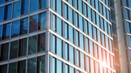 Commercial building close up in blue tone. Gigantic skyscraper from below. Architecture details of modern building amd glass facade. Business background on a beautiful sunny day.  - obrazy, fototapety, plakaty