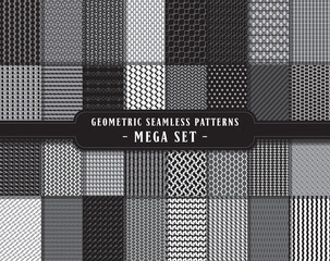 Mega bundle, vector seamless geometric pattern background set, collection. In black, grey and white colors. Abstract endless repeating texture for mask, duvet cover, t-shirt, phone case, wallpaper...
