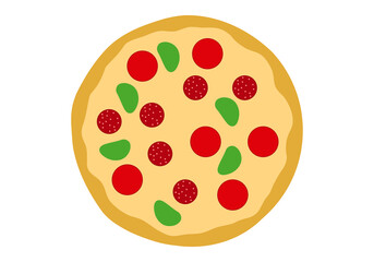 Pizza con queso y lonchas en fondo blanco.