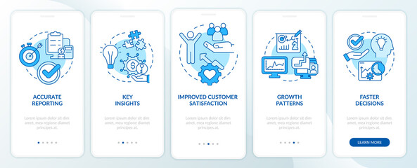 Business tools benefits blue onboarding mobile app screen. Growth pattern walkthrough 5 steps graphic instructions pages with linear concepts. UI, UX, GUI template. Myriad Pro-Bold, Regular fonts used