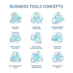 Business tools turquoise concept icons set. Time tracking idea thin line color illustrations. Proofing and review. Isolated outline drawings. Editable stroke. Roboto-Medium, Myriad Pro-Bold fonts used