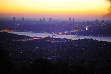 Suspension bridge over the Bosphorus in Istanbul at sunset