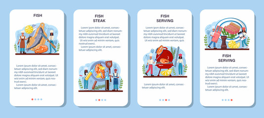 Obraz premium Fish steak mobile application banner set. Chef cooking grilled salmon