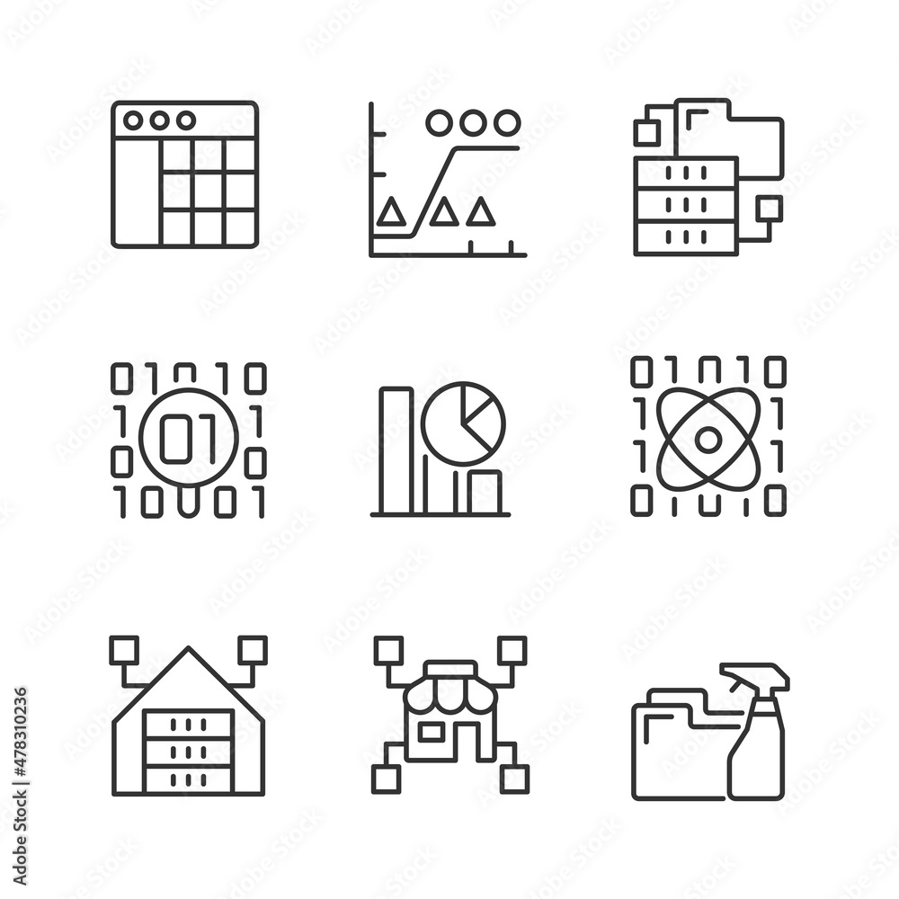 Aufkleber data mining in industry linear pixel perfect icons set. knowledge discovering in data. analyze and s