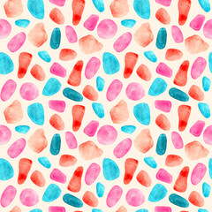 Watercolor spots on beige background seamless pattern. Abstract hand drawn red, pink and blue shapes repeat print. Colorful terrazzo ornament.