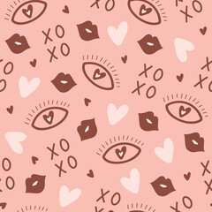 Colorful  seamless  pattern with hearts, lips and  eye. Romantic mystic background for Valentine's day,  fabric design,  wrapping paper. Vector hand drawn  illustration