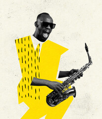 Creative design. Conteporary art collage of young stylish african man playing saxophone isolated...