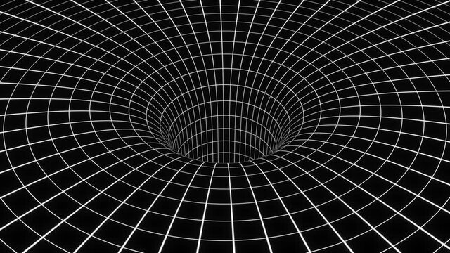 Wired gravity Bent Spacetime hole. Warped Grid Wormhole Tunnel Dimensional Relativity motion graphics 3d animation. 4K Seamless Loop Animation Background