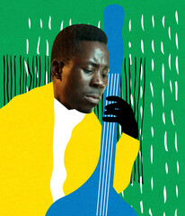 Creative design. Contemporary art collage of african man playing contrabass isolated over green background
