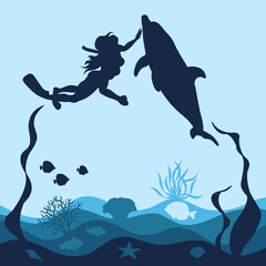Marine background with a diving girl, dolphin, corals and fish. Isolated vector objects.