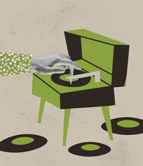 Contemporary art collage. Male hands turning on retro styled green vinyl player isolated over beige background