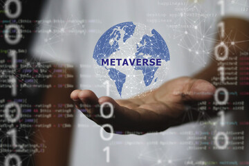 Metaverse Technology concepts. virtual reality goggle and experiences of metaverse virtual world on colorful. Visualization and simulation, 3D, AR, VR, Innovation of futuristic.