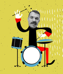 Contemporary art collage, modern design. Retro style. Stylish hipster, man playing drums isolated over yellow background