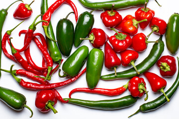 Hot peppers of different types on white as a background, top view, close-up.