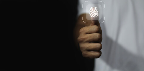 businessman scan fingerprint biometric identity and approval. concept of the future of security and password control through fingerprints in an immersive technology future and cybernetic.