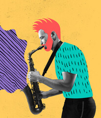 Contemporary art collage. Young man, hipster playing trumpet isolated over yellow background