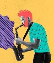 Poster Contemporary art collage. Young man, hipster playing trumpet isolated over yellow background © master1305