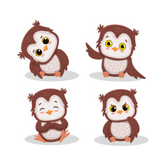 Cartoon illustration of owl character with different poses and emotions