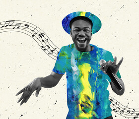 Contemporary art collage. Modern design. Young cheerful african man singing isolated over white background with music notes