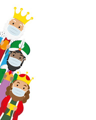The three Wise Men from the east with an anti covid-19 mask. Poster with space for text	
