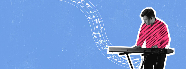 Creative design. Contemporary art collage of young man playing piano isolated over blue background....