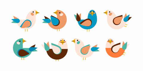 Set of geometric minimalistic vector birds. Cartoon birds flying and sitting