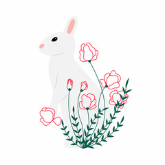 Minimalistic gray rabbit in wild flowers poppy drawn in the style of doodle. Color vector hand drawn line art. Illustration for posters and postcards