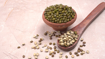 Green Mung Beans Also Know as Mung Dal, Vigna Radiata, Green Beans or Moong Dal isolated on White...