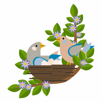 Two birds sit in a nest on the branches of a tree. Eggs and chicks. Geometric vector composition for spring and Easter