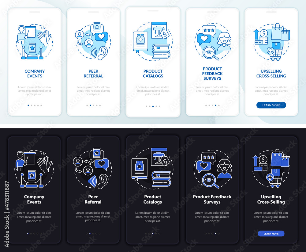 Poster customer touchpoints night and day mode onboarding mobile app screen. walkthrough 5 steps graphic in