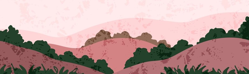 Simple abstract vector illustration in flat style in pink colors. Nature, landscape, hills and mountains, bushes and trees. Long horizontal banner, panoramic view.