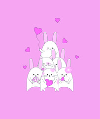 hares and cats in the pyramid. white hares stand on top of each other. card for valentine's day. vector illustration, eps 10.