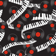 Piano keyboard, vinyl records, music seamless pattern, background
