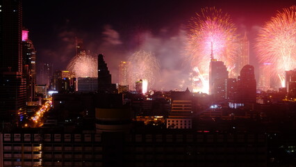 fireworks at night of new year in Bangkok Thailand 