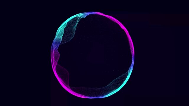Spherical equalizer for music. Round sound wave of particles. Musical abstract blue background. 3D rendering.