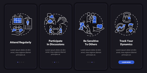 Support group effectiveness night mode onboarding mobile app screen. Walkthrough 4 steps graphic instructions pages with linear concepts. UI, UX, GUI template. Myriad Pro-Bold, Regular fonts used