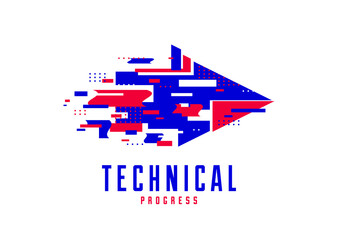 Glitch arrow vector logo symbolizes technical and technological progress, future science and digital effect, motion and speed dynamics.