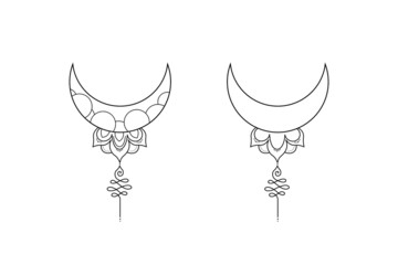 Monochrome decorative boho moon and lotus flower. Mystical vector illustration isolated on white background. Witch art with crescent moon. Floral magic clipart for esoteric logo, tattoo, print.