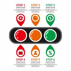 Infographic traffic light with business icon in Cartoon with symbol in yellow, red, and green color. stop, warning, and go sign, perfect for Illustration Vector Graphic presentation, campaign, poster