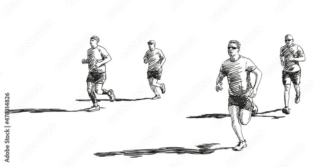 Wall mural sketch of running people with long shadow, hand drawn vector illustration