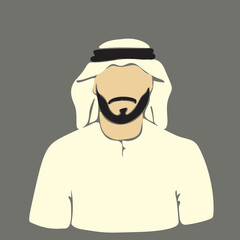 Arab muslim man with beard portrait avatar wearing white islamic headwear keffiyeh, Abstract vector illustration silhouette contemporary art male no face traditional white clothing in islam